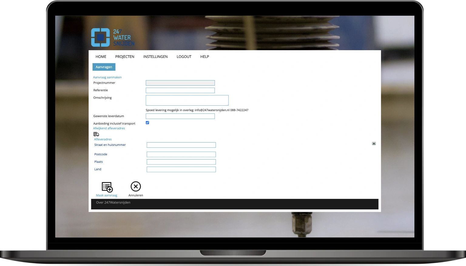 247Watersnijden portal aanvragen