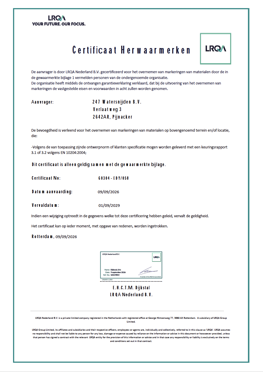 247 Watersnijden G0304 certificaat NL LRQA 2026 2029